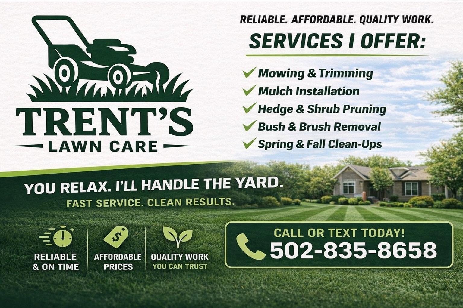 Trent's Lawn Care business card and service flyer